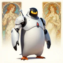 concept art, Anthropomorphic humanoid robot penguin, Overwatch character, art by Artgerm and Greg Rutkowski and Alphonse Mucha