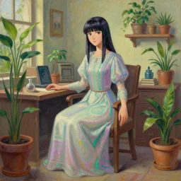 middle eastern scifi alchemist in a well lit study with potted plants, wearing a lovely dress with vaporwave details. this oil painting by the award - winning mangaka has an interesting color scheme and impeccable lighting.