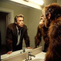 ultra wide angle photo of alec baldwin dressed as blake, from glengarry glenn ross, looking at himself in a bathroom mirror and seeing his reflection as a hairy australopithecines like ape version of himself