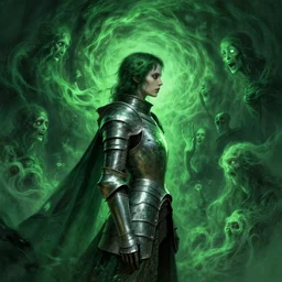 side profile, imogen poots, cursed plate armor, gloomhaven, luminescent, haunted green swirling souls, evil inky swirly ripples, sickly green colors, by greg manchess, huang guangjian, gil elvgren, sachin teng, greg rutkowski, jesper ejsing, ilya kuvshinov