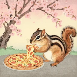 japanese edo period woodblock print of a chipmunk eating pizza with pink blossoming cherry trees in the background, art by greg rutkowski and yoji shinkawa and akira toriyama