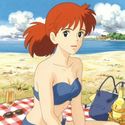 portrait of a woman having a picnic on a sunny beach, redhead, ponytail, swimsuit, finely illustrated face, highly detailed, colored pencil, studio ghibli, tankobon, in the style of ilya kuvshinov and krenz cushart and alphonse mucha