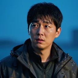 a close up photographic portrait of a handsome korean actor wearing wet weather gear looking worried taken by annie leibowitz. cinematic lighting, blue background colour, 5 0 mm, subsurface scatter.
