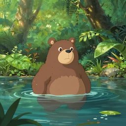 a bear floating in a pond, surrounded by a lush jungle, sunny day, cell shaded, beautiful lighting, animation, ghibli, pixar, disney