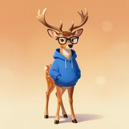 anthropomorphic shy and nerdy white-tailed deer with exquisite antlers and wearing thick glasses and a blue hoodie. Full-body standing shot with hooves. Renowned character concept art by greg rutkowski, thomas kindkade, alphonse mucha, loish, norman rockwell. Warm gradient bokeh background.