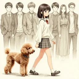detailed cell shading, a cute anime girl walking with a realistic hyper detailed poodle, wlop, ilya kuvshinov, artgerm, krenz cushart, greg rutkowski, hiroaki samura, range murata, james jean, katsuhiro otomo, erik jones