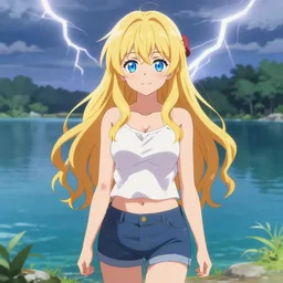 a very beautiful anime girl, full body, long wavy blond hair, sky blue eyes, full round face, short smile, cute top, short jeans, summer lake setting, cinematic lightning, medium shot, mid-shot, highly detailed, trending on Artstation, Unreal Engine 4k, cinematic wallpaper by Stanley Artgerm Lau, WLOP, Rossdraws, James Jean, Andrei Riabovitchev, Marc Simonetti, and Sakimichan