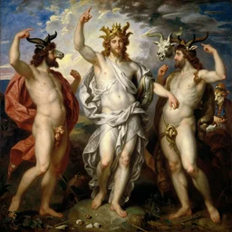 a beautiful pre - raphaelite painting by alma tadema of gods with animal heads, having a bacchanal on mount olympus