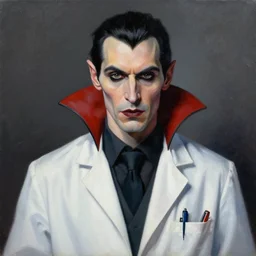 a modern painting of a doctor turned vampire wearing lab coat, in the style of tim bradstreet, sharp focus, realism, intricate detail