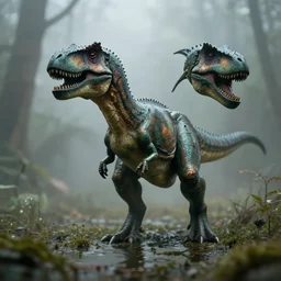bronze velociraptor, in swamp, surrounded by fog, trending on midjourney, in style frazetta, 1 0 0 mm lens, depth of field, cinematic, unreal engine