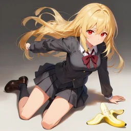 advanced digital anime art, a seductive female teen with red eyes and blonde hair that is to waist length wearing a dark grey school outfit slipping on a banana peel . drawn by Shikamimi, WLOP,rossdraws
