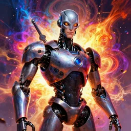 portrait of a anthropomorphic evil robot with human characteristics, digital art, epic composition, fantasy, explosion of color, highly detailed, in the style of jake parker, in the style of conrad roset, swirly vibrant colors, sharp focus