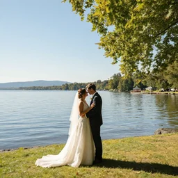 if beautiful summer wedding on lake george clear beautiful skies warm colors in the style of rembrandt.