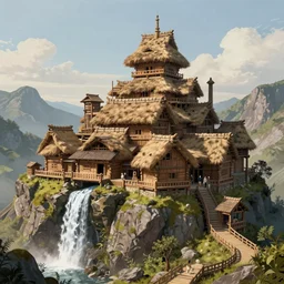 Wide shot, hyperdetailed masterpiece concept art of a wooden fortress with thatched roof on the top of a mountain, with a waterfall nearby, 4k Detailed Matte Illustration trending on ArtStation