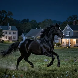 a black horse galloping through a New England town in 1643 at night, fantasy