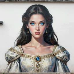 beautiful mural of the young cyborg princess, piercing glowing eyes, elegant, royal, ornamental monarchy linen gown, striking composition, highly detailed ornate sci fi background, mural in the style of sandro botticelli, caravaggio, albrecth durer, 8k
