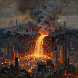 flowing lava melting an alien industrial city. painting by moebiusm asher brown durand, caspar david friedrich, thomas cole, monet