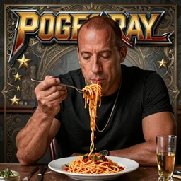 gamma ray album cover featuring photo of vin diesel eating spaghetti, power metal album cover, trending on artstation, intricately detailed, highly detailed, classic, award winning