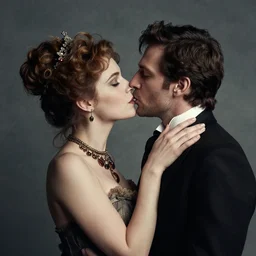 detailed cinematic moody colors studio portrait of the memories of a victorian lady with a sensual pose kissing a gentleman high quality by jeremy mann, only one head single portrait