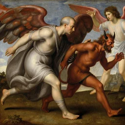 close up of a monk chasing a devil. painting by gertrude abercrombie, fra angelico, ucello,