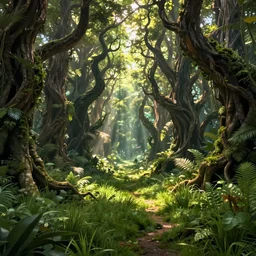 cinematic view, volumetric, huge scene, godrays, grass, concept art, trending on artstation, high detail, epic foliage, detailed, beautiful, scary fairy tale mystical forest twisted creepy trees magical jungle forest landscape artwork trees near the path amazing nature, vivid, warm lighting