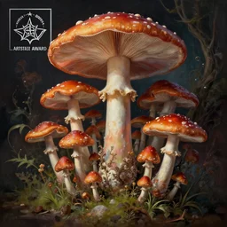 poisonus mushrooms by artstation, deviantart, artspace, artspan, artslant, etsy, pixiv, artfol, behance, instagram, artbox, artube, artstar, artsy, minted, beeple, artgerm, surrealism, hyperrealism, symbolism, masterpiece, award - winning intricate 4 k