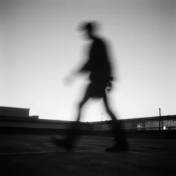 a photo of shadowy figure on a roof, black and white, long exposure, motion blur, 35mm