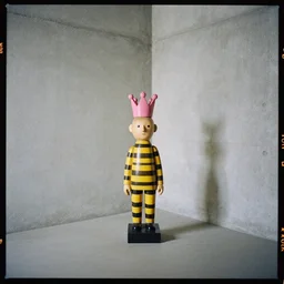 kodak portra 4 0 0, 8 k, shot of a highly detailed, britt marling style, colour still - life portrait of a large minimalistic room, rough concrete walls, the wooden statue of a yellow black striped little man with pink crown on his head