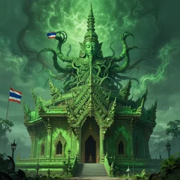 Matte painting of an eldritch green buddhist temple with Thai flag and Cthulhu at the top by Greg Rutkowski, 4k, masterpiece, by Greg , Trending on Artstation
