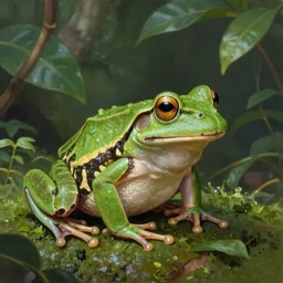 a beautiful matte painting of a green frog in the jungle, kambo