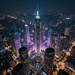 drone view photograph of a futuristic city, science fiction, night lights, beautifully lit buildings, perfect geometry, mystic hues, distant, sharp focus, volumetric lights, digital art, RTX, hyperrealistic, cinematic, by lee madgwick