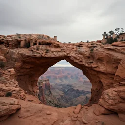 Rocky arch connect two sides from left to right over the canyon, in the distance ancient castle with destroyed tower, highly detailed, matte painting, wide lens, overcast sky, ultra realistic, 4k, 8k resolution, trending on artstation, octane render, unreal engine.