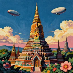 surreal glimpse into other universe, mahanakorn tower with airship floating sky, summer morning, very coherent and colorful high contrast, art by! rene magritte! paul klee geof darrow, volumetric lighting, cinematic, floralpunk screen printing woodblock, dark shadows, hard lighting, stipple brush