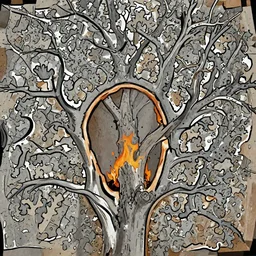 hollow oak tree with flames in the middle