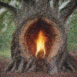 hollow oak tree with flames in the middle