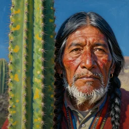 the san pedro cactus plant spirit mixed with the face of an old indigenous man, beautiful colors, matte painting, by christophe vacher