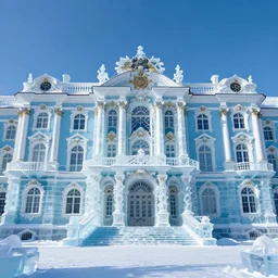 a regal baroque palace made of crystal - clear ice, majestic, realistic fantasy photograph