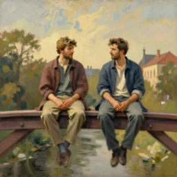 Painting of 2 men sitting on a bridge in the style of Florid-Jan Koetsen