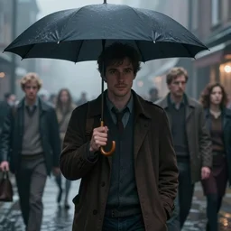 a cinematic extreme close - up of ( ( ( a man holding umbrella walking in the street ) ) ), misty evening, fantasy art, highly detailed matte painting, telephoto lens 2 0 0 mm, by stanley artgerm lau, greg rutkowski, thomas kinkade, alphonse mucha, loish, norman rockwell, artstation