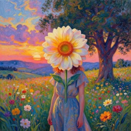 girl with a massive flower as a face, surreal photography, dream, standing in flower field, hills, big trees, sunrise dramatic light, impressionist painting, colorful clouds, digital painting, pointillism, artstation, simon stalenhag, flower face