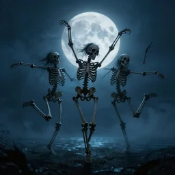 Macabre Dancing skeletons eerie moonlit under water scene