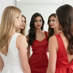 three sisters look into the mirror, blonde and brunette, beautiful, white and red dresses, one woman turns away, wealthy women, Chuck close