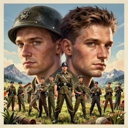 detailed - face!!! symmetrical!!!, looking at camera!!!, posing!! highly detailed german ww 2 poster of workers in the field, posing, the alps are in the background, in gta v, stephen bliss, unreal engine, fantasy art by greg rutkowski, loish, rhads, ferdinand knab, makoto shinkai