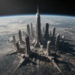 massive grey space future city skyline on a planet surface, photoreal, dramatic, cinematic, detailed, magnificiant, realistic, photo real, unreal engine 5, rule of thirds, dynamic lighting, in the style of eddie mendoza and sebastian luedke, star wars