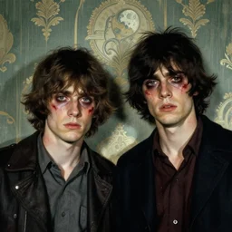 two handsome but sinister young men in layers of fear, devonshire, with haunted eyes and wild hair, 1 9 7 0 s, seventies, wallpaper, a little blood, moonlight showing injuries, delicate embellishments, painterly, offset printing technique, by john howe, brom, robert henri, walter popp