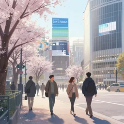 walking around shibuya. volumetric lighting, spring early morning, dew, nice weather, realistic illustration, perfectly shaded, soft painting, art by krenz cushart and wenjun lin