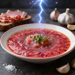 khokhloma plate of borscht, brown bread with sliced salo, salt, hyper realistic, foodphoto, extremely detailed, photorealism, garlic on background, side view, bokeh, epic lightning, yamy, sigma 8 5 mm f 1. 5!!