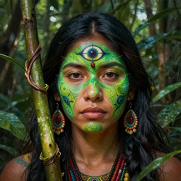 the ayahuasca vine plant spirit mixed with the face of a beautiful indigenous female shaman with a third eye in the jungle, face painted in green, fractals, beautiful colors, matte painting, by christophe vacher