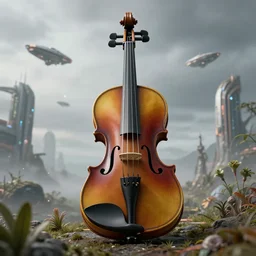 A realistic detailed photo of a futuristic violin, alien plants, grey sky, futuristic buildings, flying ships in the background, foggy landscape, light particles, detailed light, realistic shaders, trending on artisation, detailed textures, detailed, realistic.