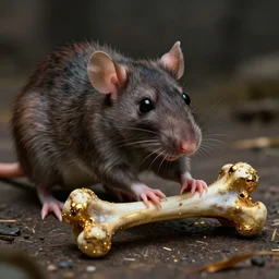 a cyberpunk rat snapping at a golden bone, fantasy, rich detail, 4 k